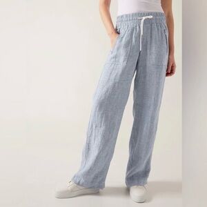 Athleta Cabo 100% Linen Wide Leg Pant in the color Chambray Blue.